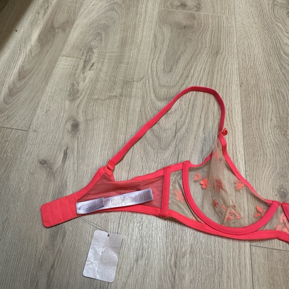 NWT Savage Fenty Foiled Sprigs Neon Hot Pink Sheer Embroidered Unlined Bra 36C - Picture 8 of 9